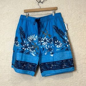 NWT Stillwater Supply Co Mens Blue Floral Elastic Waist Tie Swim Trunks MEDIUM